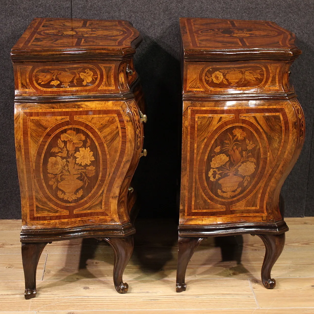 Coppia di comodini lombardi intarsiati in stile Luigi XV, '900 7