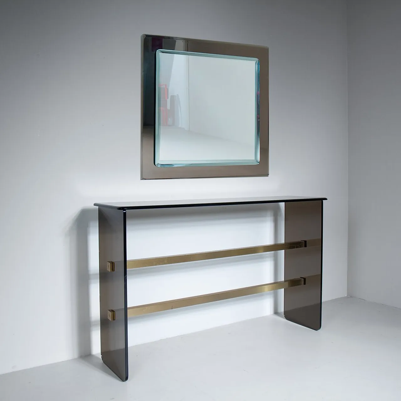 Console Table in Smoked Glass with Cut Mirror, 1970, Set of 2 1