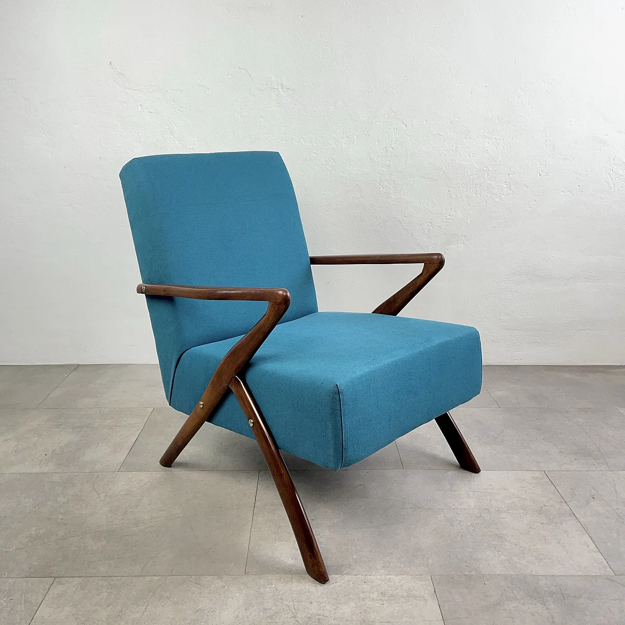 Restored turquoise blue armchair, Italy 1950s 1