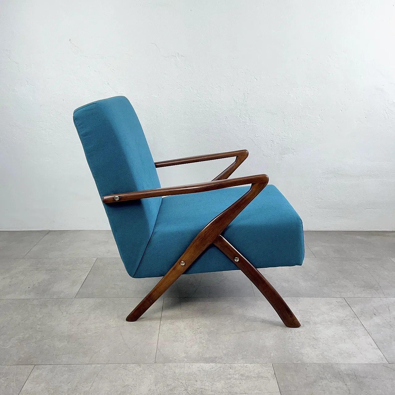 Restored turquoise blue armchair, Italy 1950s 2