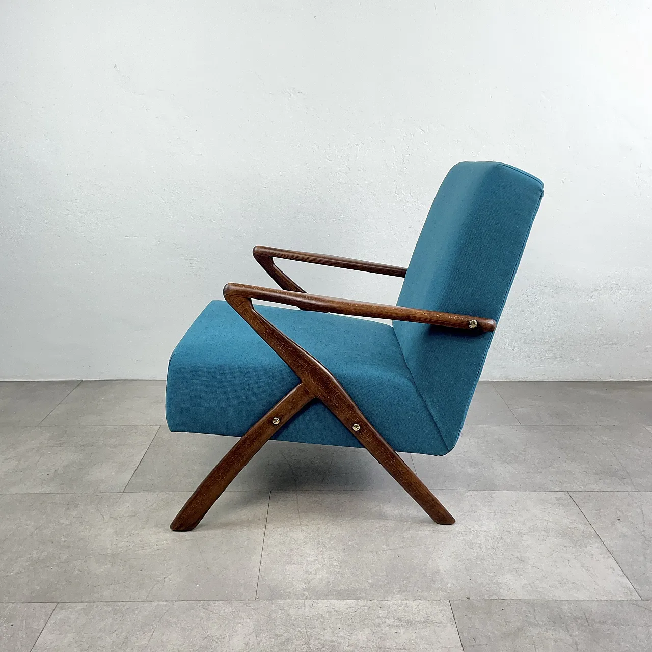 Restored turquoise blue armchair, Italy 1950s 6