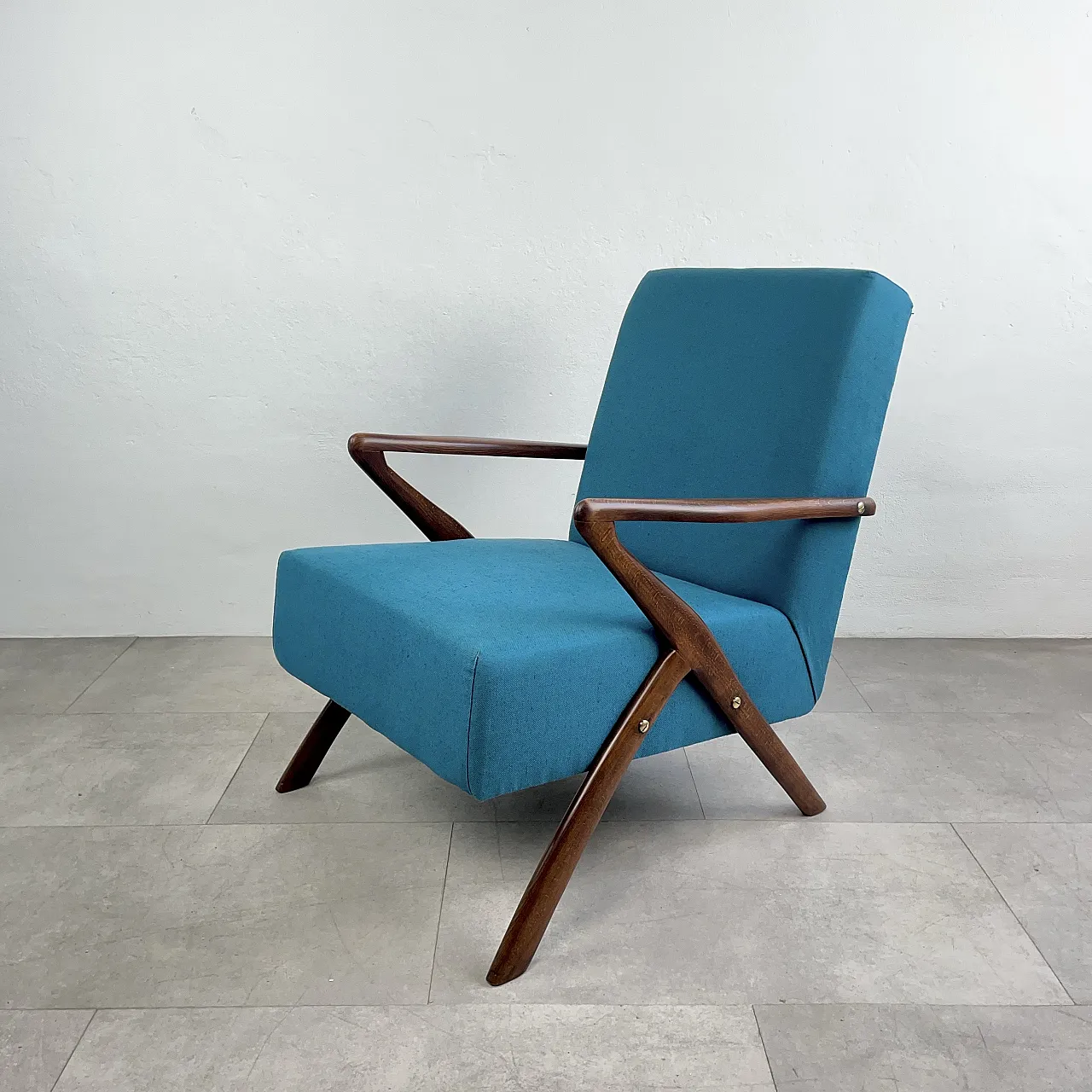 Restored turquoise blue armchair, Italy 1950s 7