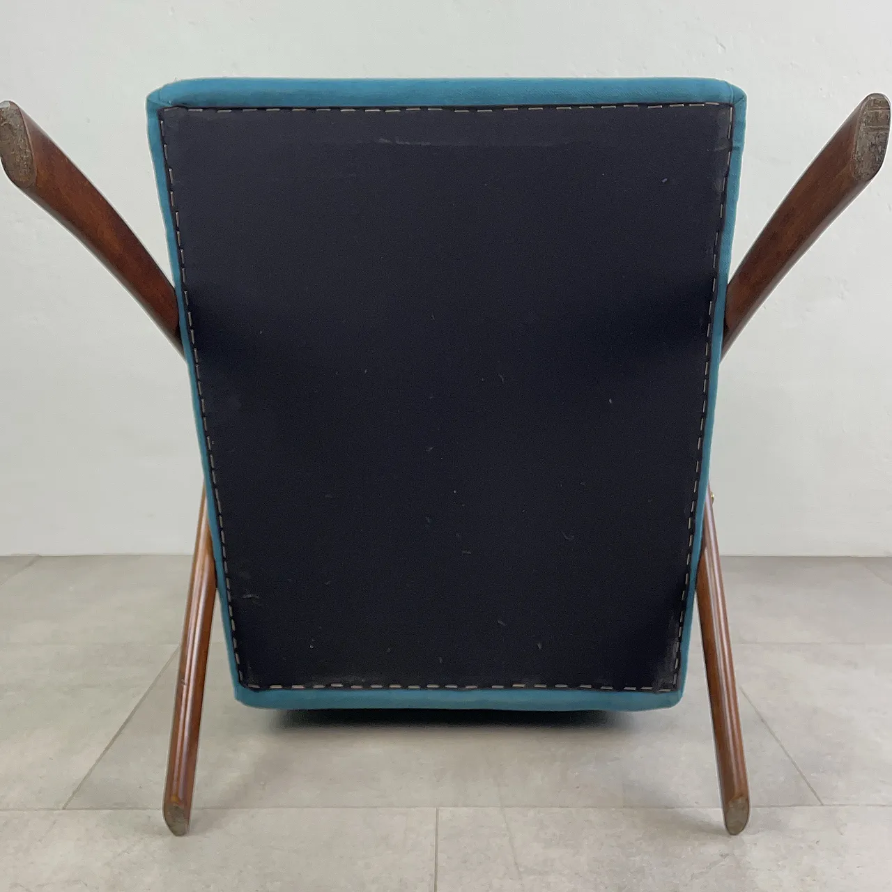 Restored turquoise blue armchair, Italy 1950s 11
