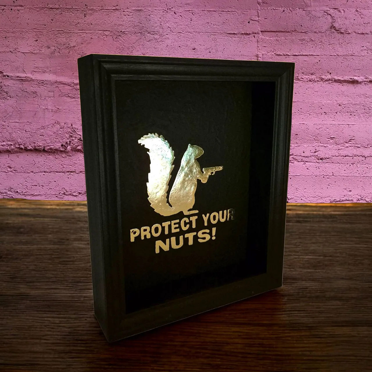 23kt gold artwork Protect your Nuts gilded in frame StreetArt 3