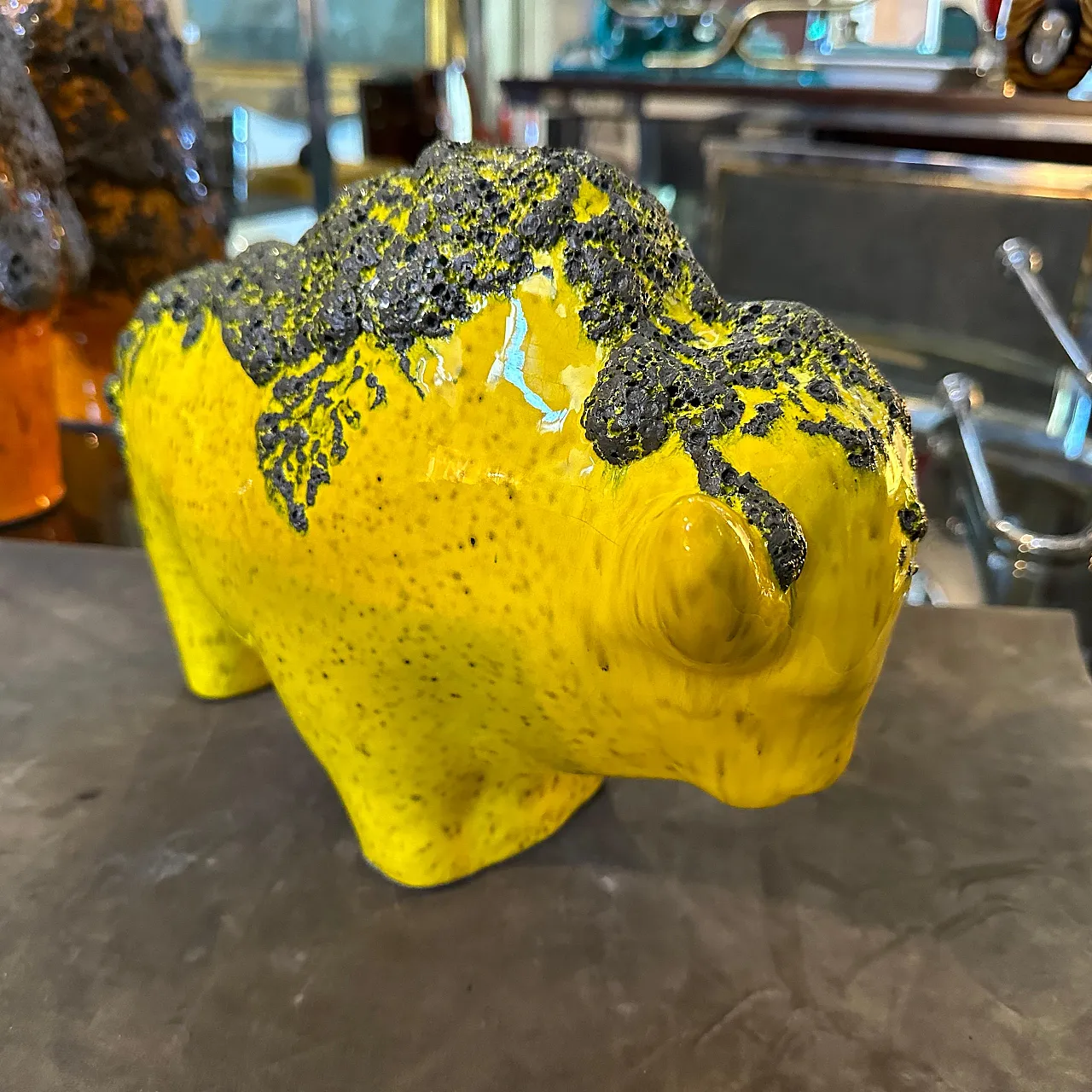 Bison in yellow and black lava ceramic, 1990s 2
