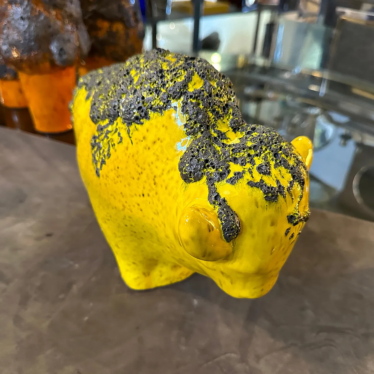 Bison in yellow and black lava ceramic, 1990s 3