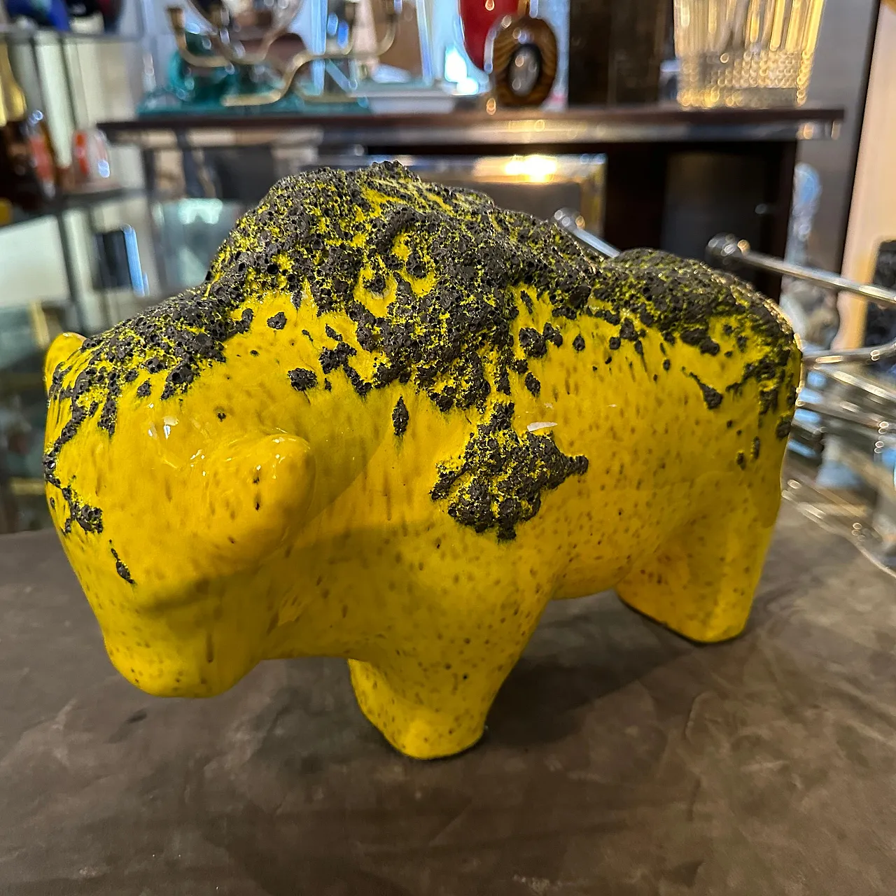 Bison in yellow and black lava ceramic, 1990s 5