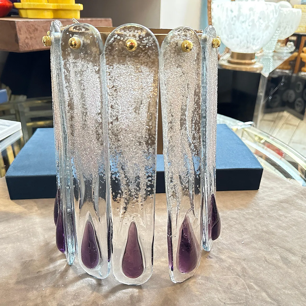 Lampada da parete in vetro di Murano trasparente e viola, anni '70 2