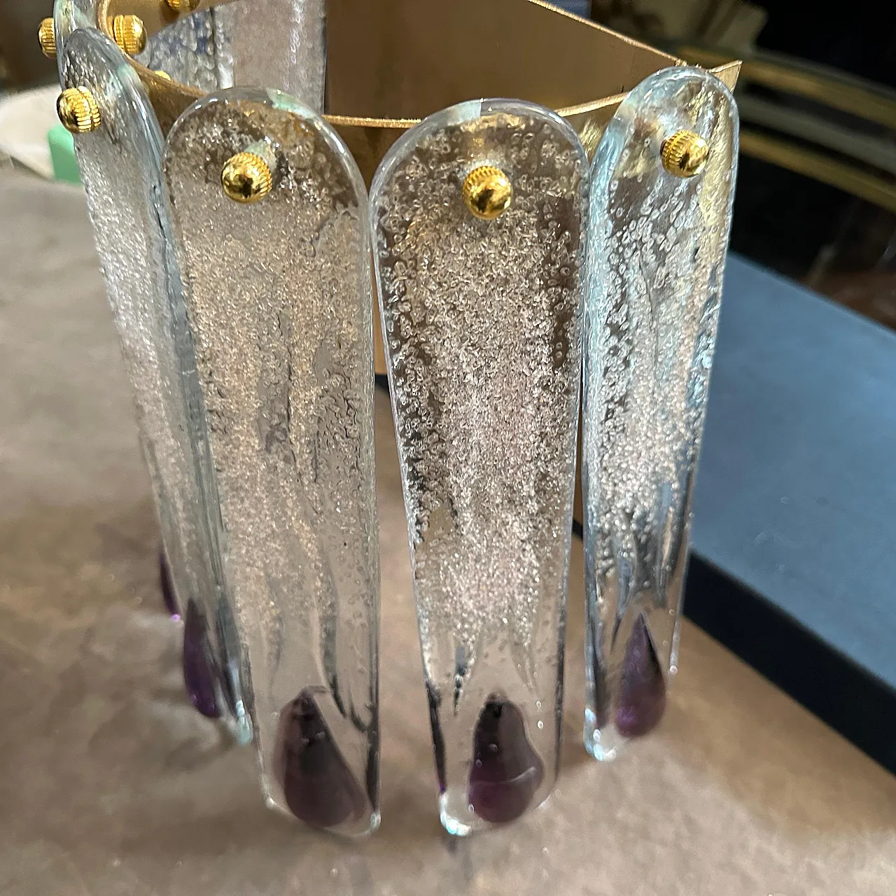 Lampada da parete in vetro di Murano trasparente e viola, anni '70 3