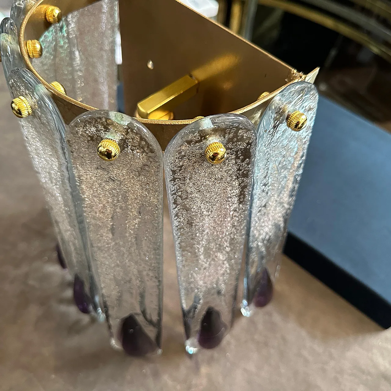 Lampada da parete in vetro di Murano trasparente e viola, anni '70 5