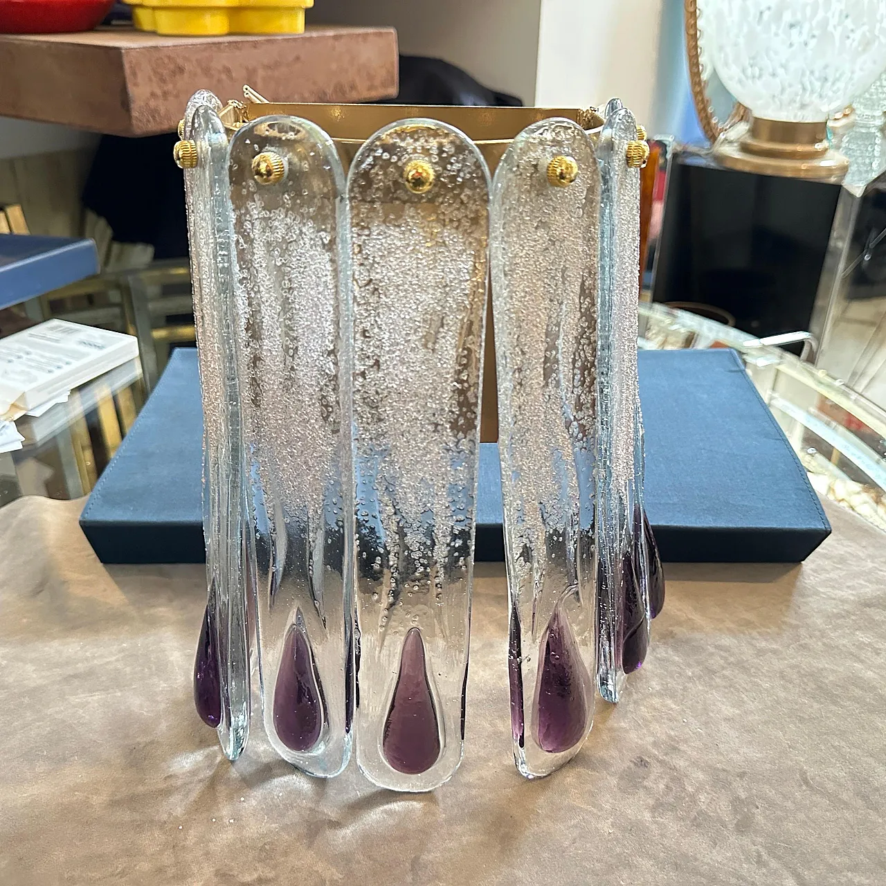 Lampada da parete in vetro di Murano trasparente e viola, anni '70 9