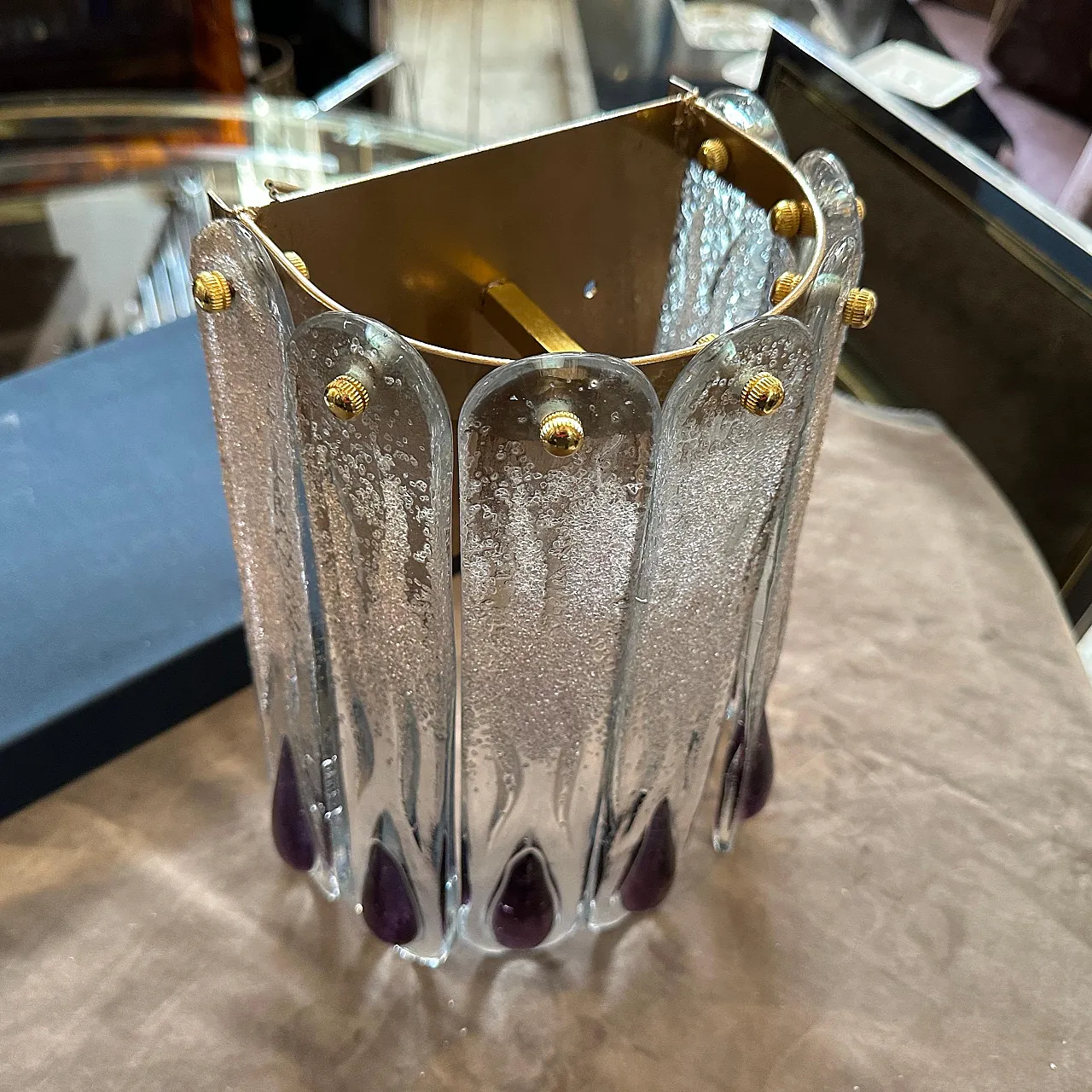 Lampada da parete in vetro di Murano trasparente e viola, anni '70 11