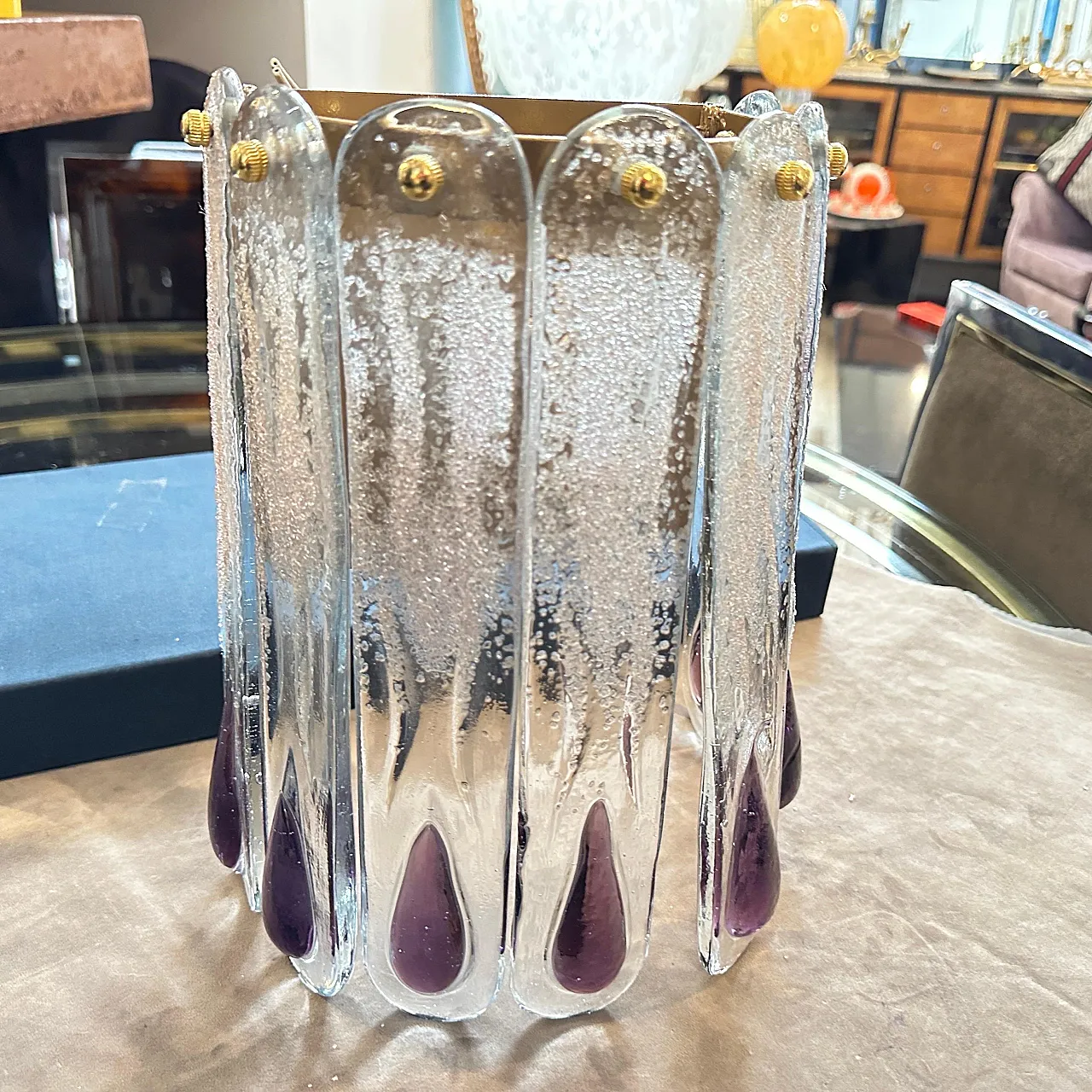 Lampada da parete in vetro di Murano trasparente e viola, anni '70 12