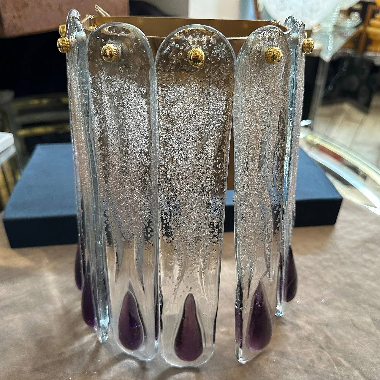 Lampada da parete in vetro di Murano trasparente e viola, anni '70 15