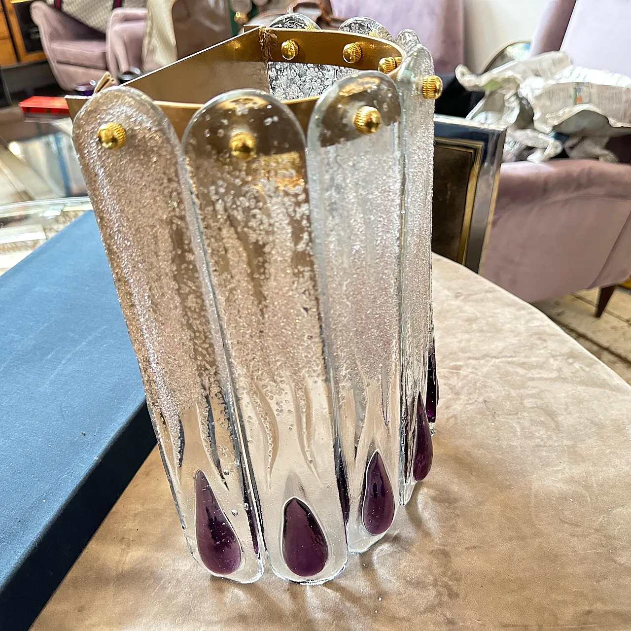 Lampada da parete in vetro di Murano trasparente e viola, anni '70 16