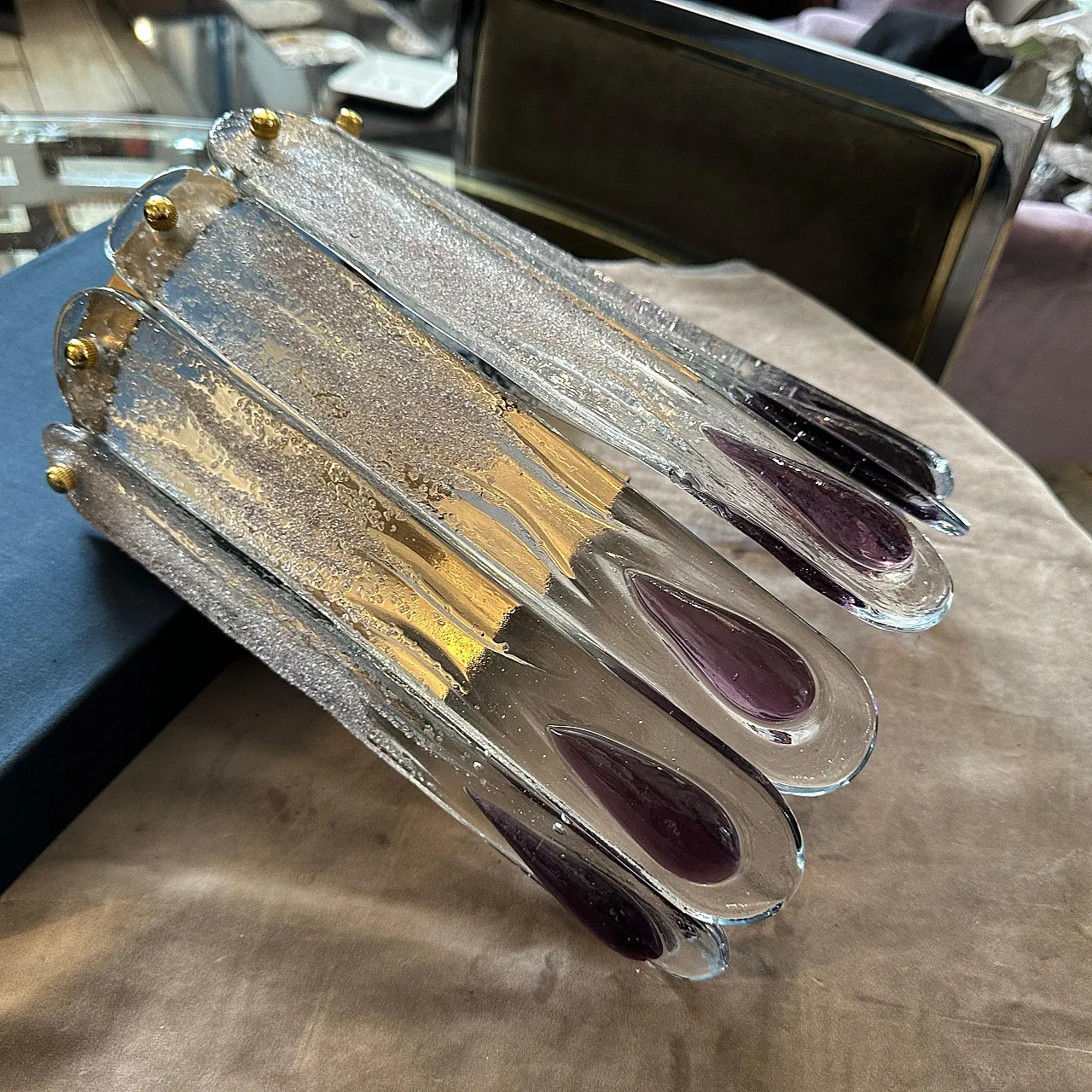 Lampada da parete in vetro di Murano trasparente e viola, anni '70 18