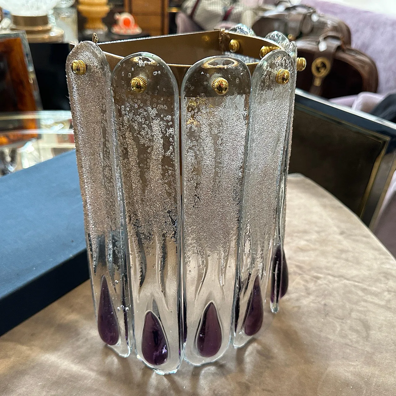 Lampada da parete in vetro di Murano trasparente e viola, anni '70 19