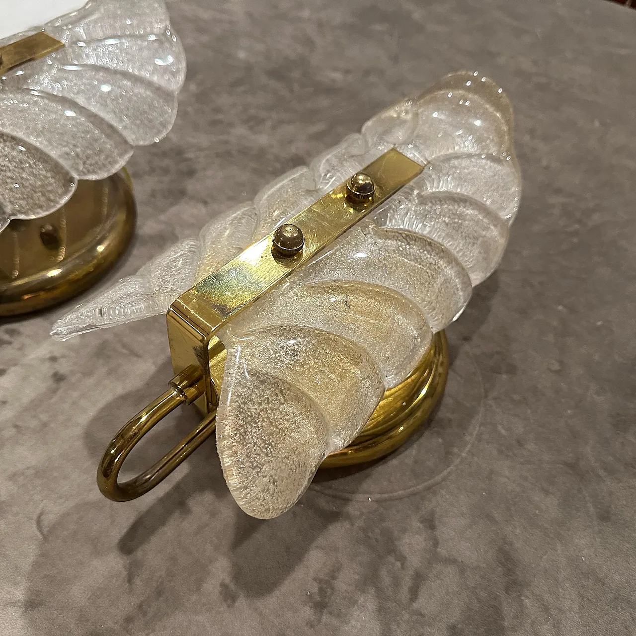 Coppia di applique in ottone e vetro di Murano stile Barovier anni '70 10