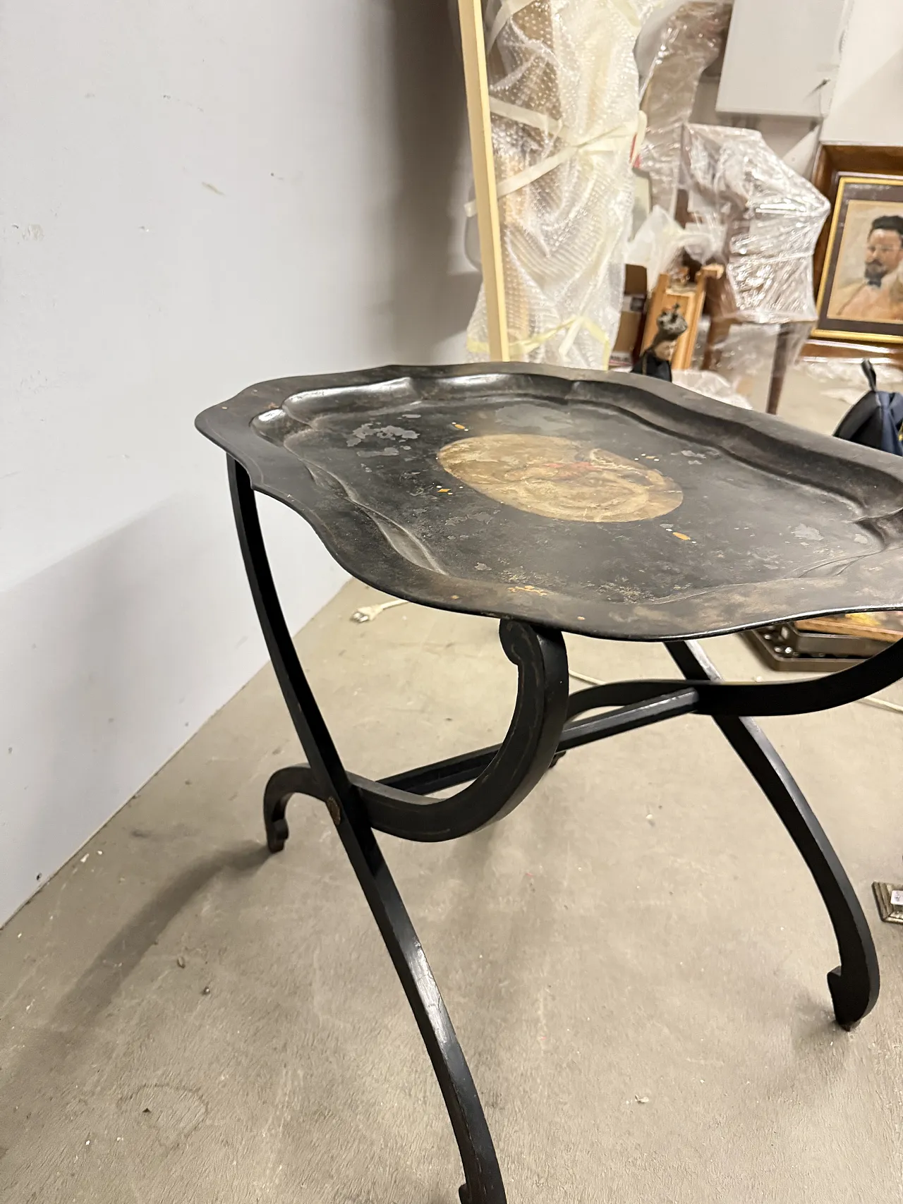 Tavolino base da picnic a vassoio dipinto base in legno, 1850 2