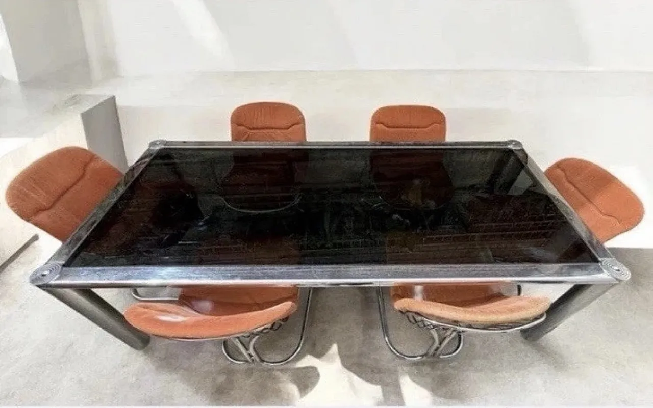 Tavolo da pranzo con 6 sedie di Gastone Rinaldi, anni '70 1