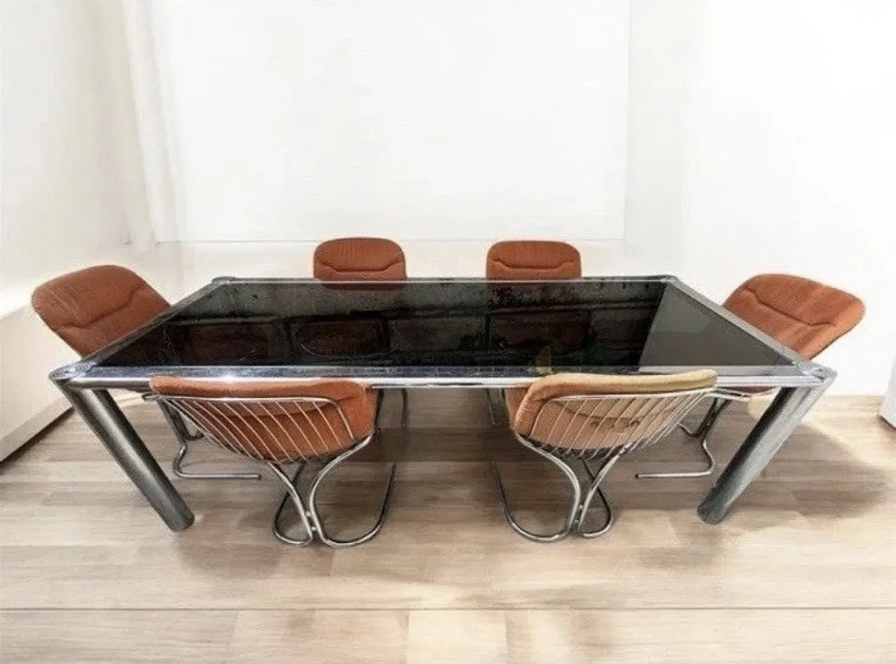 Tavolo da pranzo con 6 sedie di Gastone Rinaldi, anni '70 3