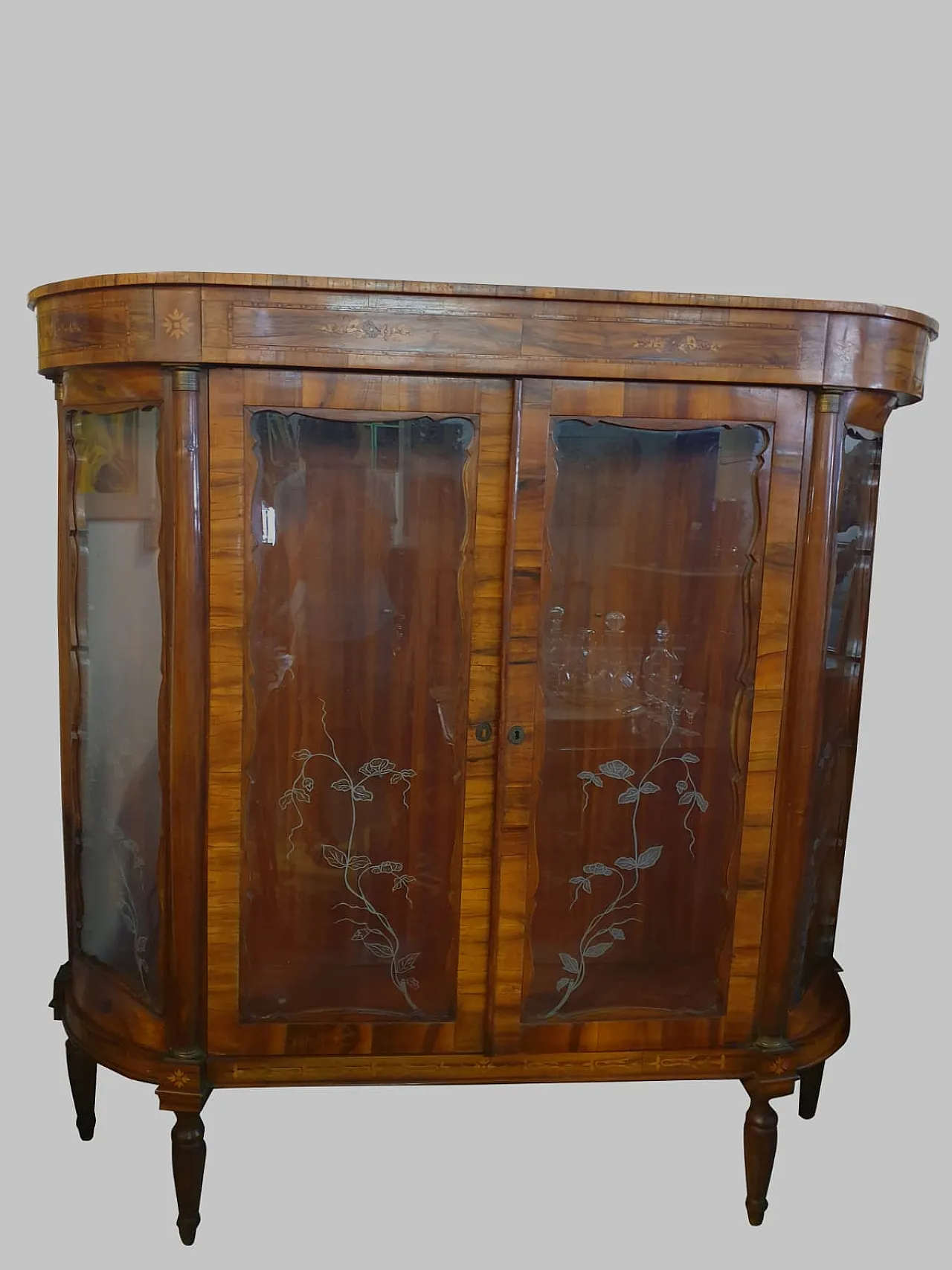 Vetrina Luigi Filippo in noce con vetri decorati, '800 5