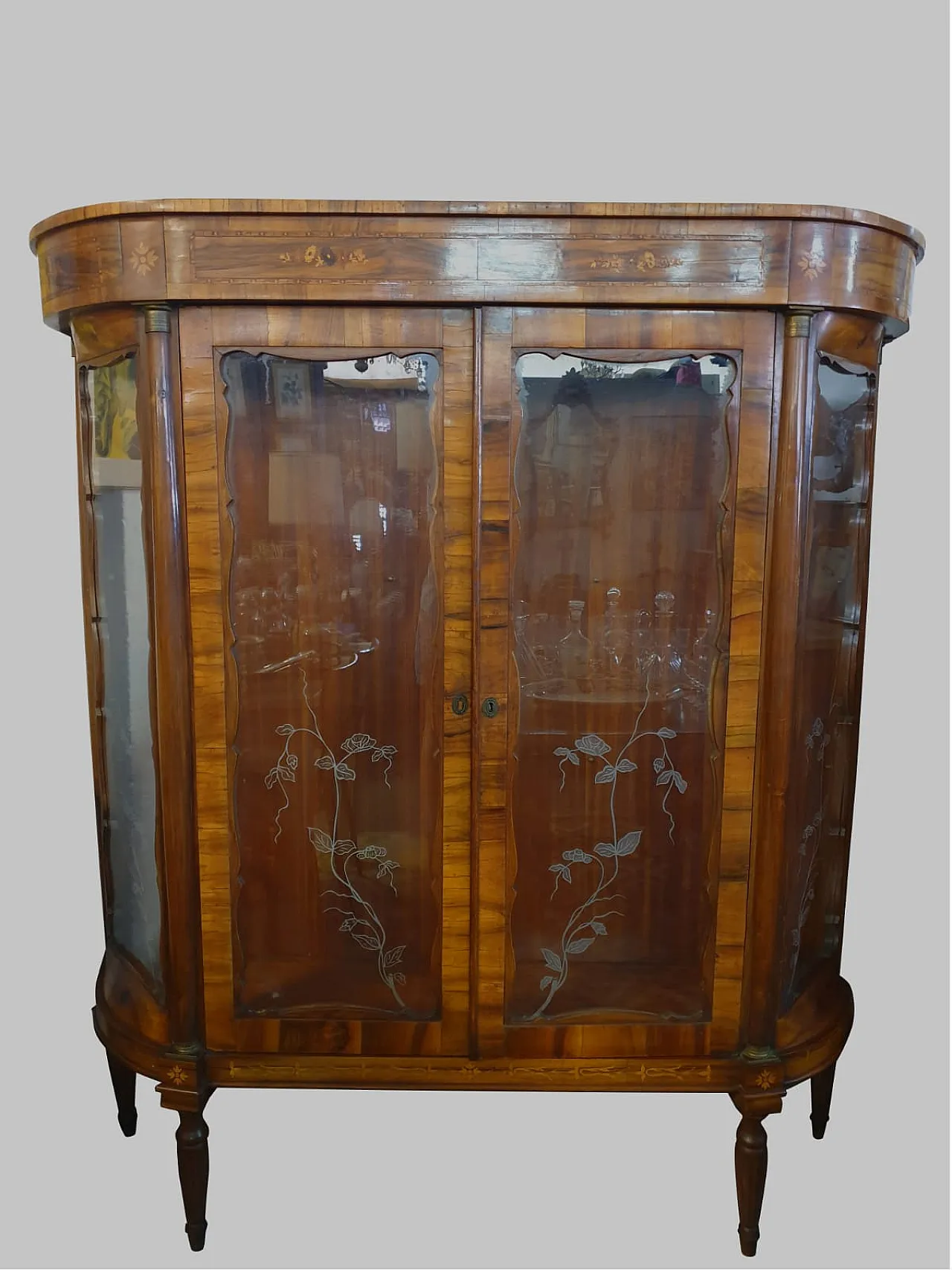 Vetrina Luigi Filippo in noce con vetri decorati, '800 11
