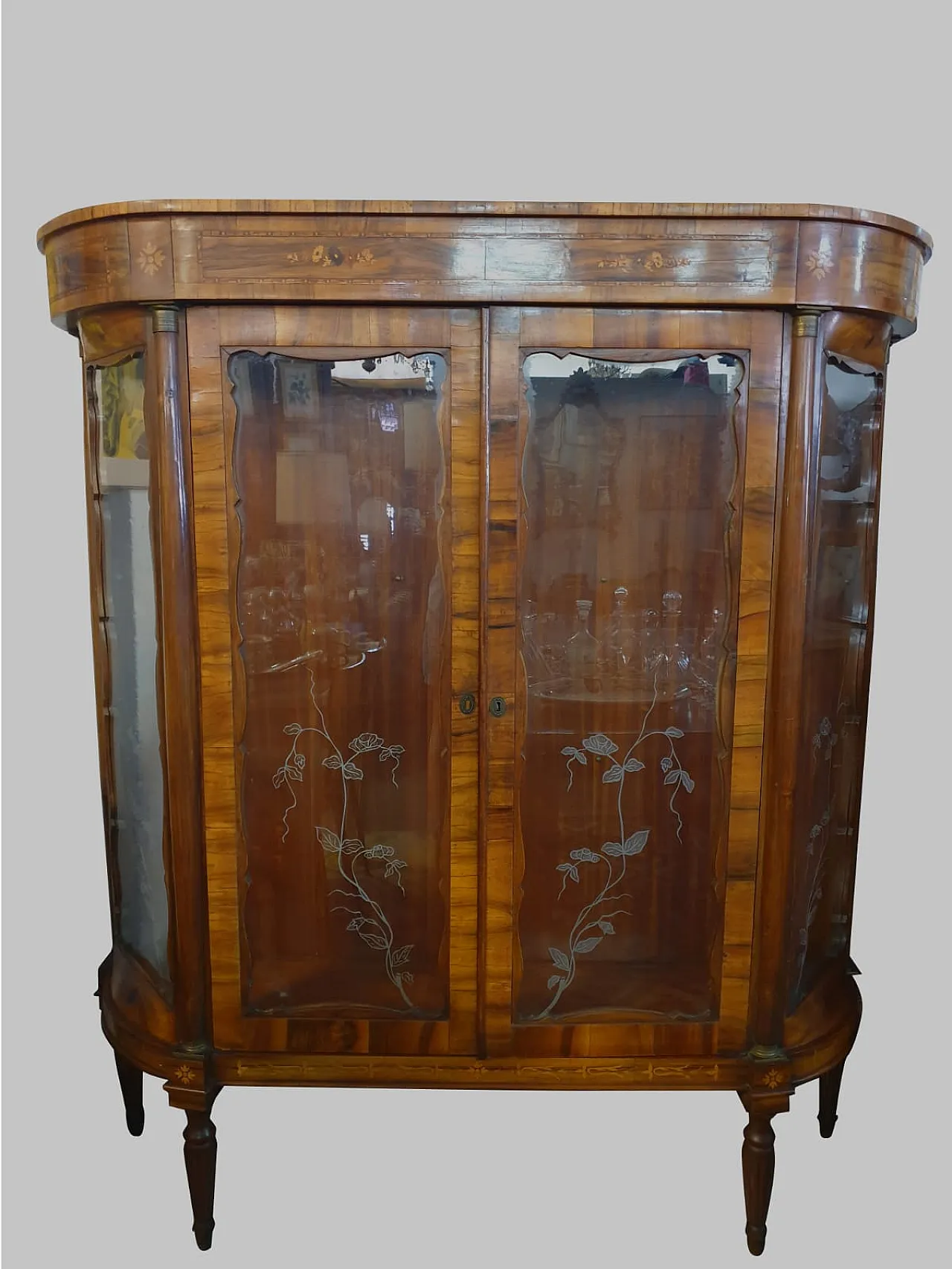 Vetrina Luigi Filippo in noce con vetri decorati, '800 15