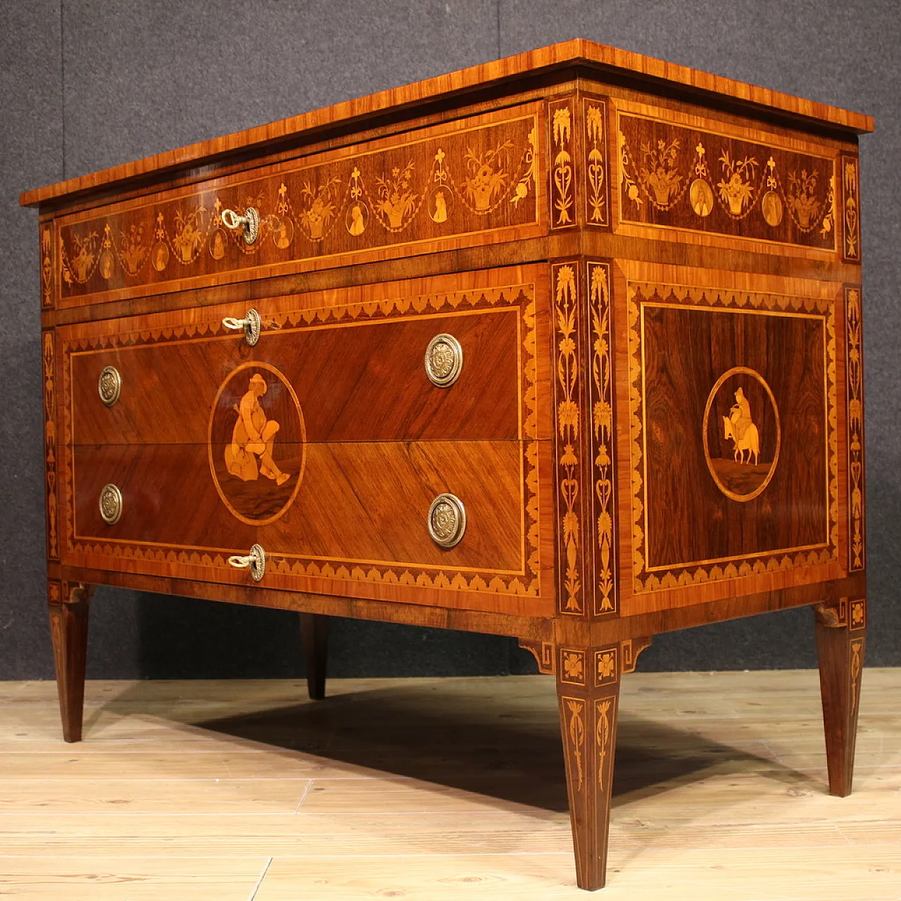 Comò italiano intarsiato in stile Luigi XVI, '900 11
