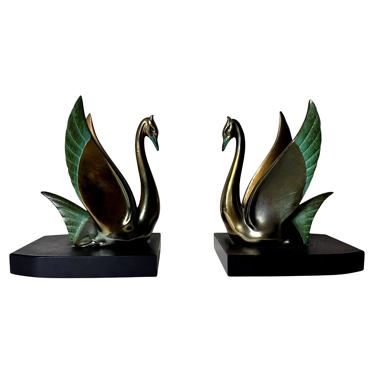 Coppia di reggilibri in ottone e marmo, anni '30 1