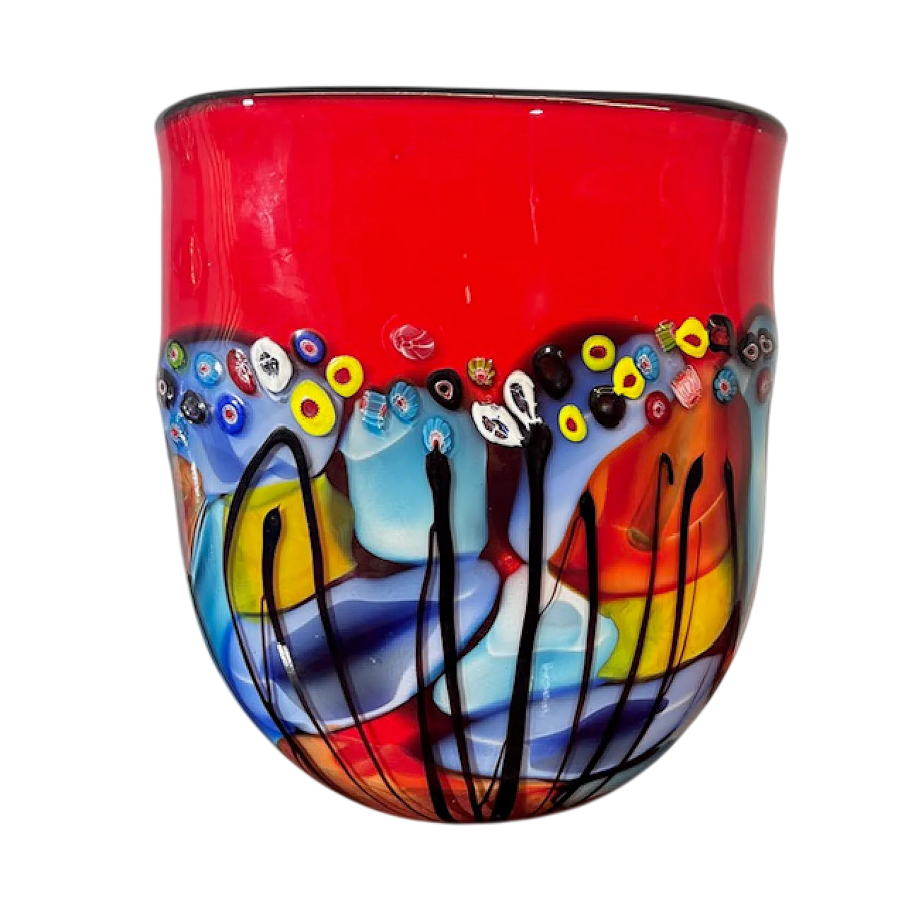 Vaso vetro Murano lavorazione incamiciata e a Murrine, anni '70 13