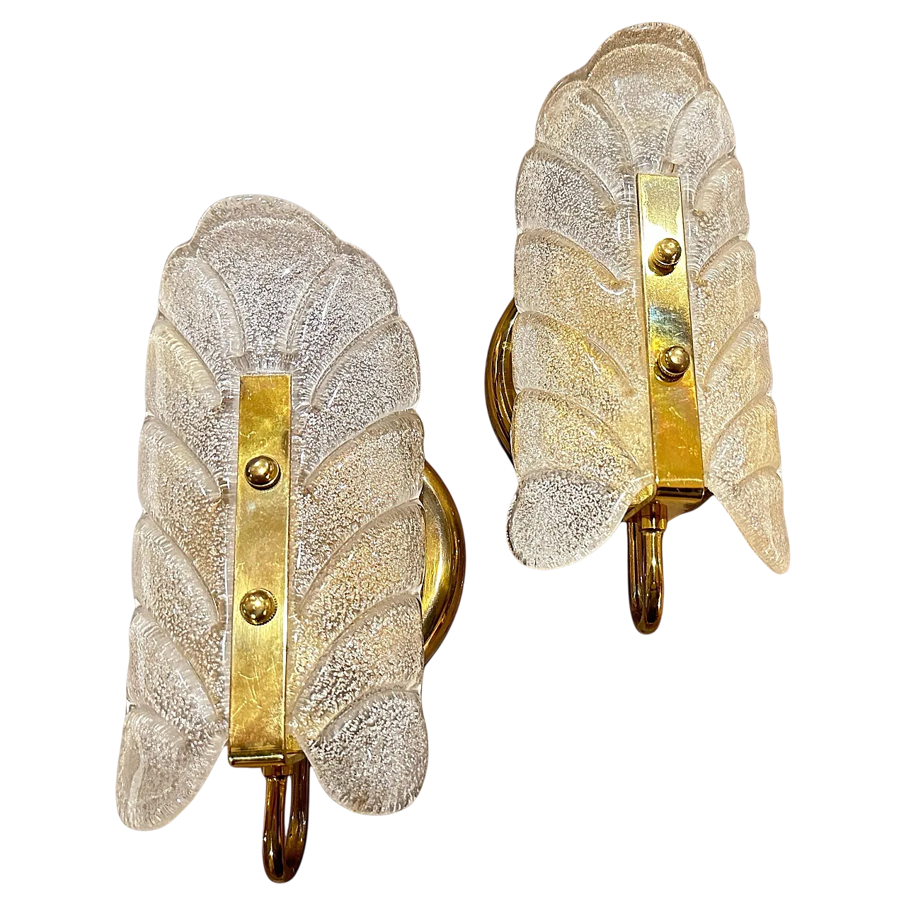 Coppia di applique in ottone e vetro di Murano stile Barovier anni '70 13