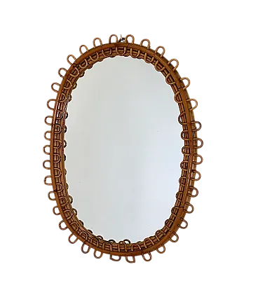 Oval mirror in rush and bamboo, 70s