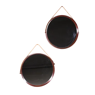 Pair of wooden circular mirrors, 50s