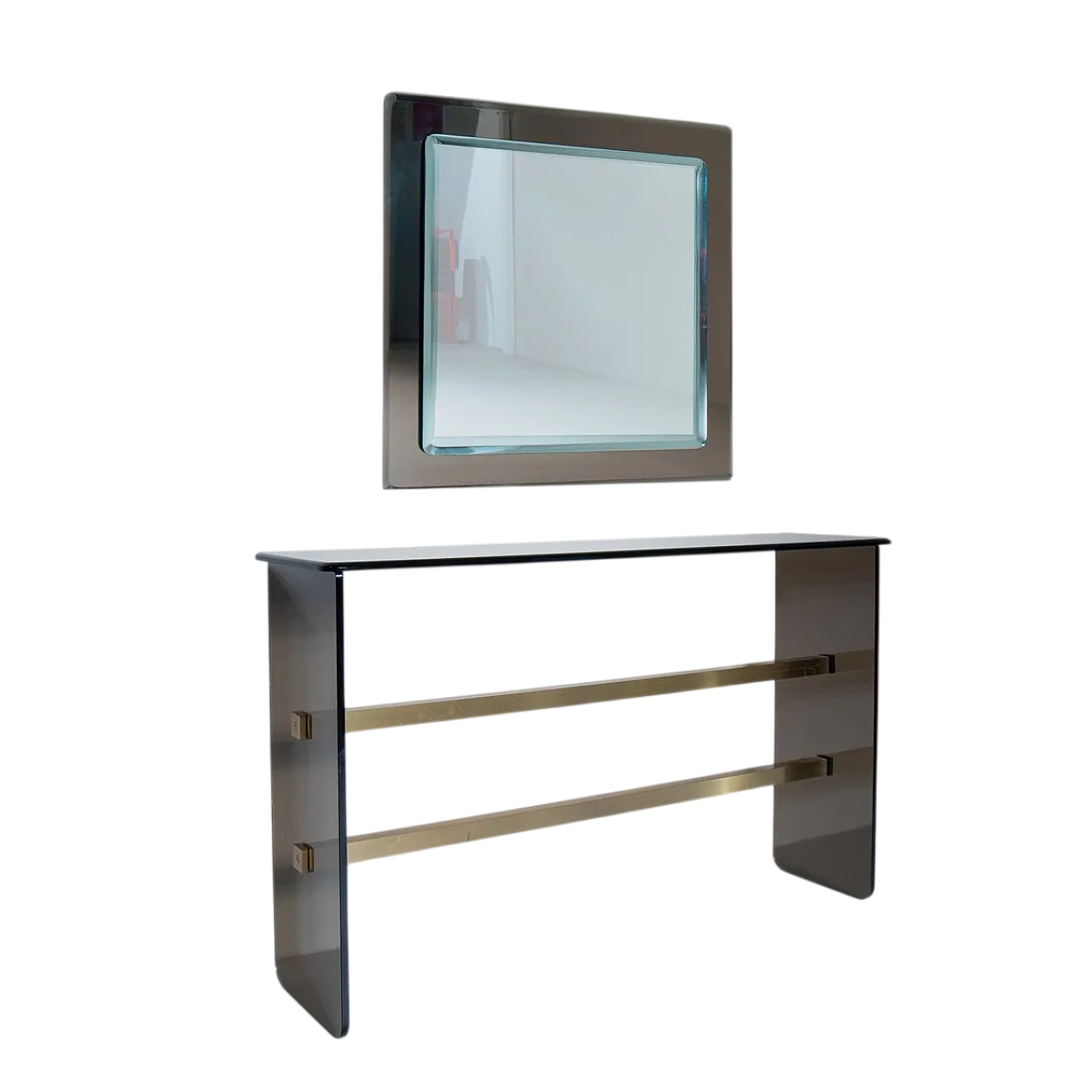 Console Table in Smoked Glass with Cut Mirror, 1970, Set of 2 13