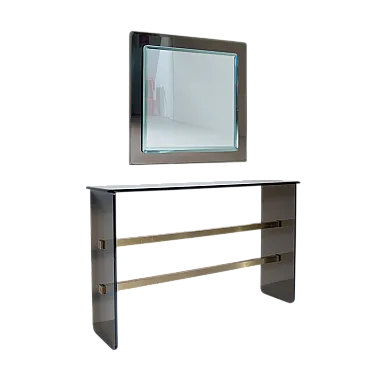 Console Table in Smoked Glass with Cut Mirror, 1970, Set of 2