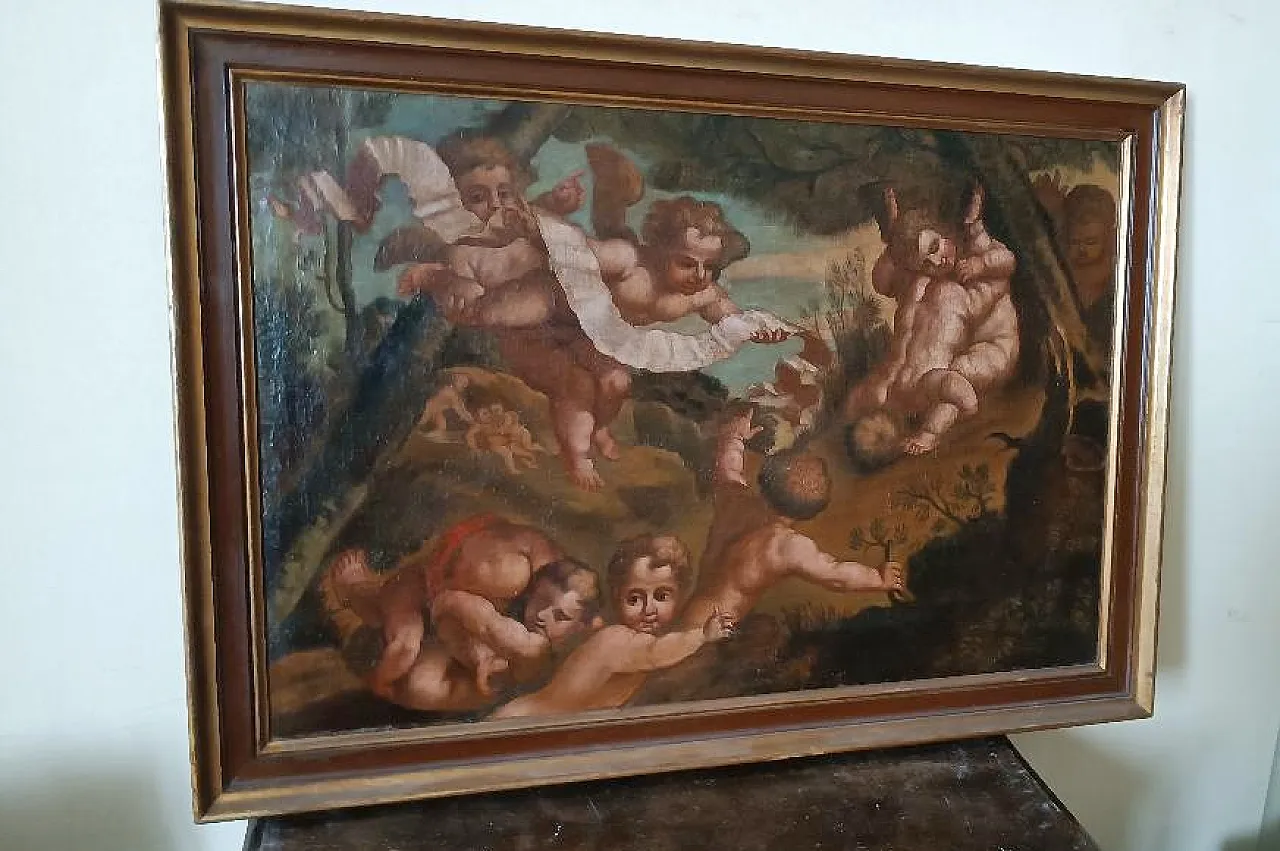 Dipinto antico a olio su tela, putti, scuola italiana, '700 1
