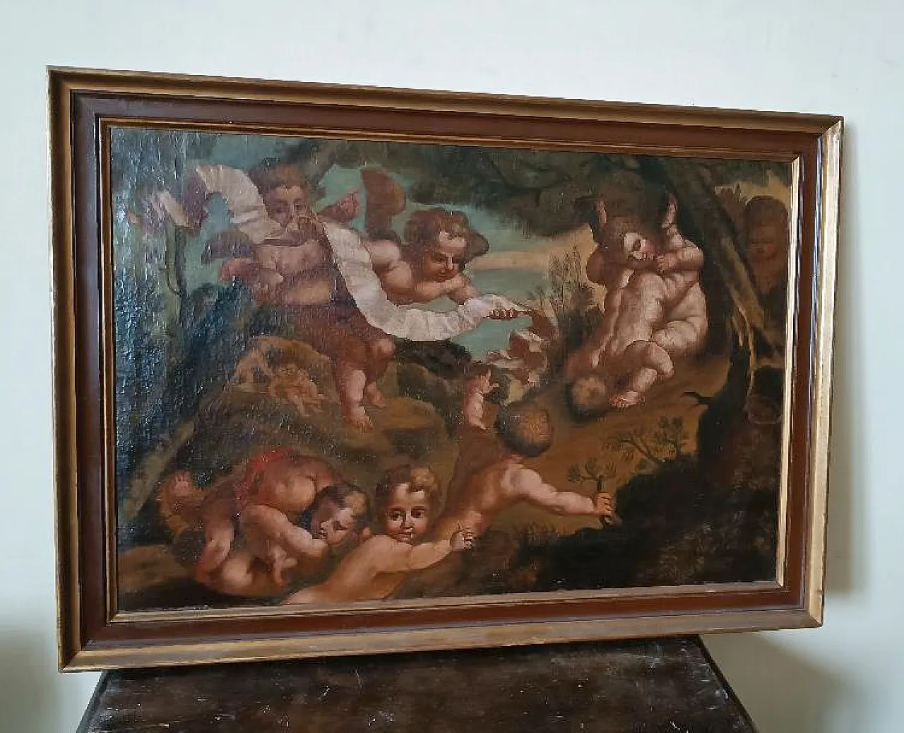 Dipinto antico a olio su tela, putti, scuola italiana, '700 2