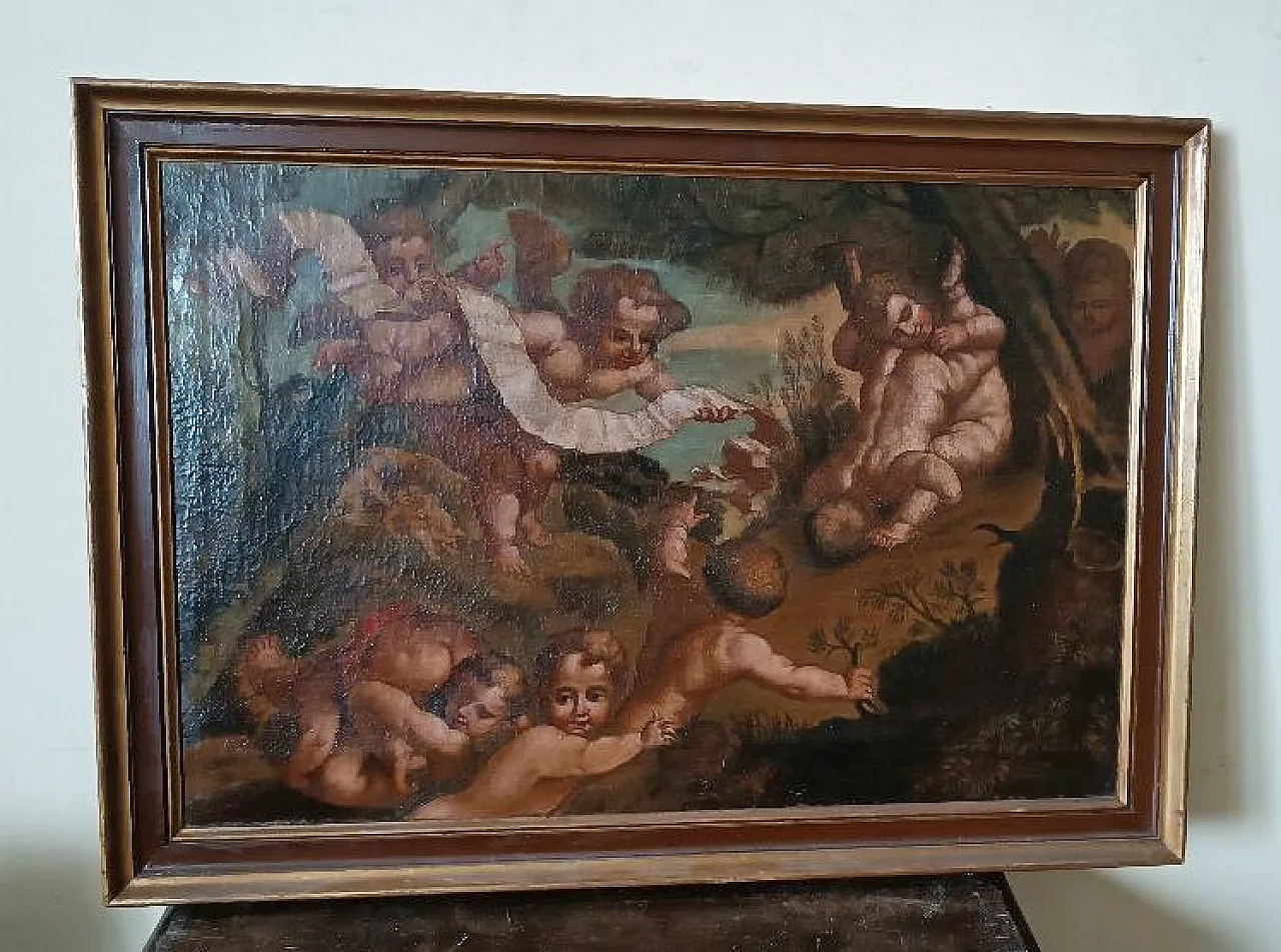 Dipinto antico a olio su tela, putti, scuola italiana, '700 3