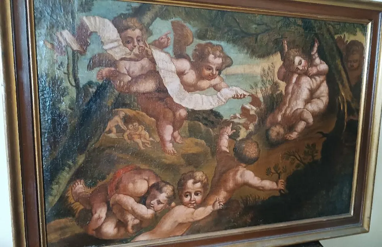 Dipinto antico a olio su tela, putti, scuola italiana, '700 4
