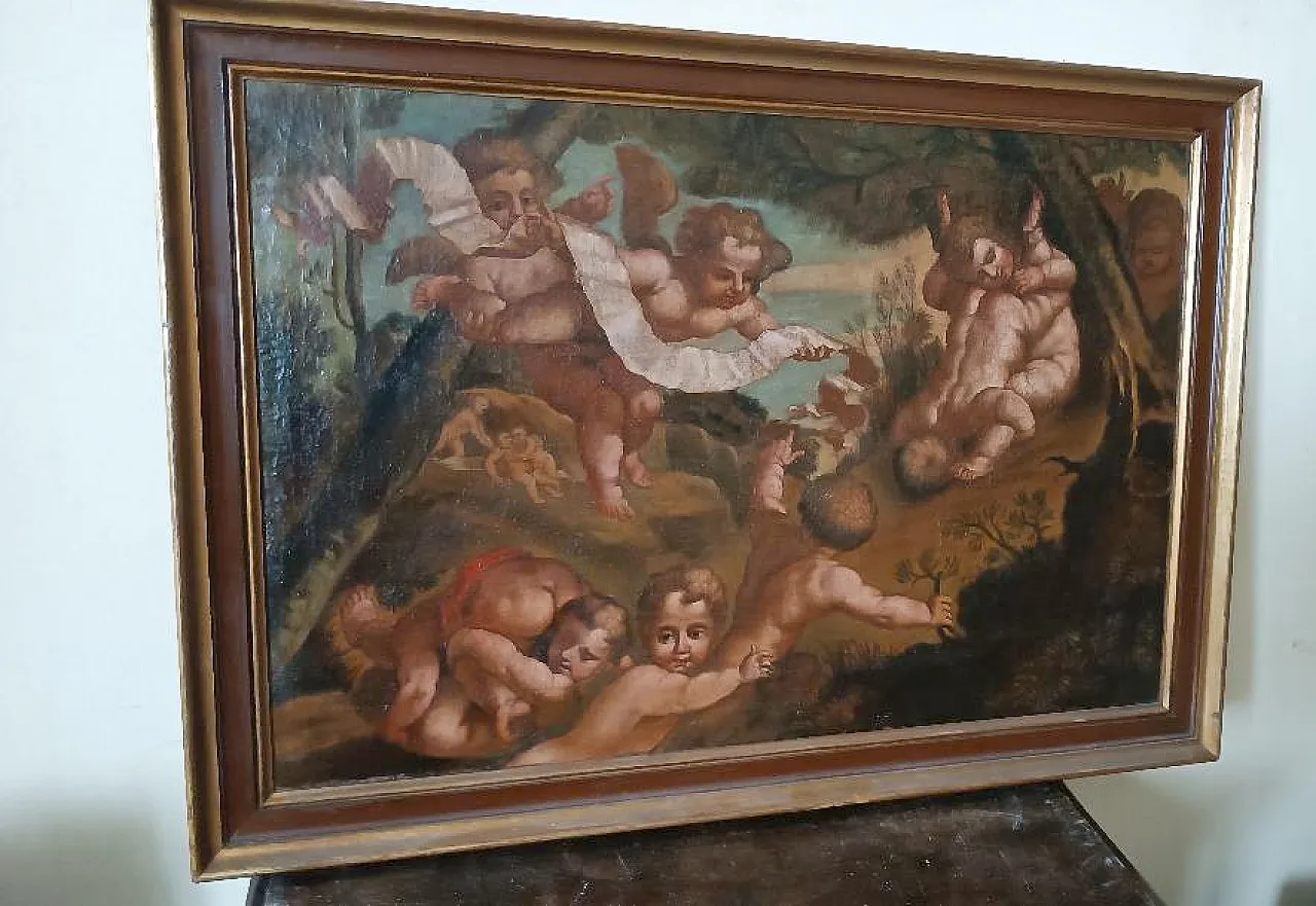 Dipinto antico a olio su tela, putti, scuola italiana, '700 5