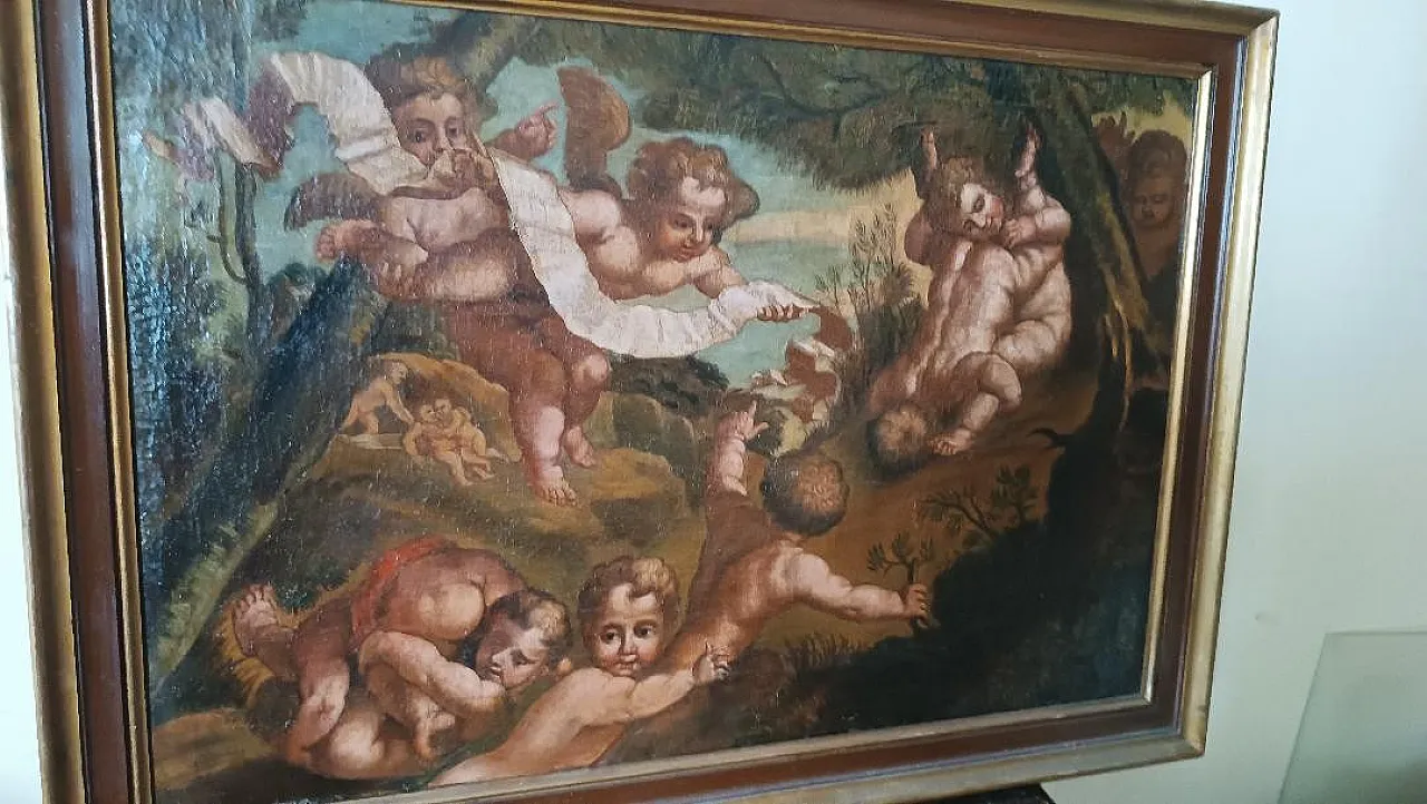 Dipinto antico a olio su tela, putti, scuola italiana, '700 12