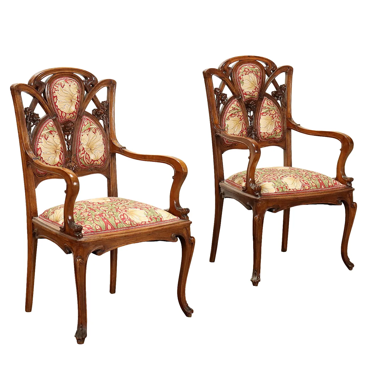 Coppia di Poltroncine Liberty imbottite e scolpite, primi '900 1
