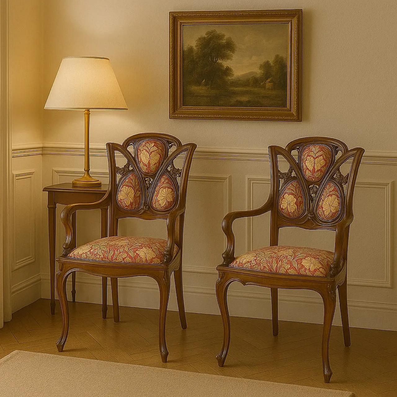 Coppia di Poltroncine Liberty imbottite e scolpite, primi '900 2