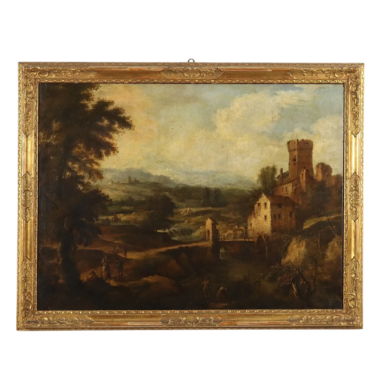 Paesaggio con Torrente, Mulino e Figure, olio su tela, '700 11