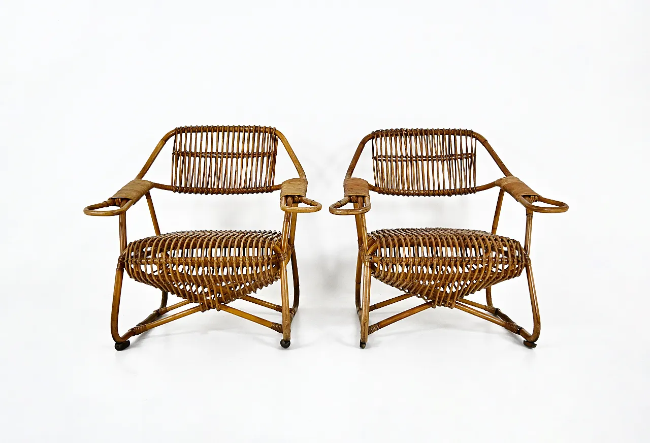 Le poltrone di rattan italiana, anni '60, set di 2 3