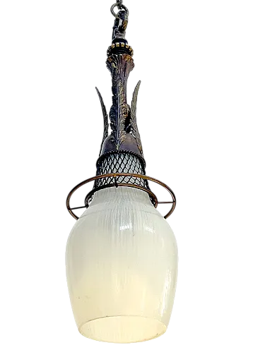Lampada pendente in bronzo, ottone e vetro, Olanda, primi del '900