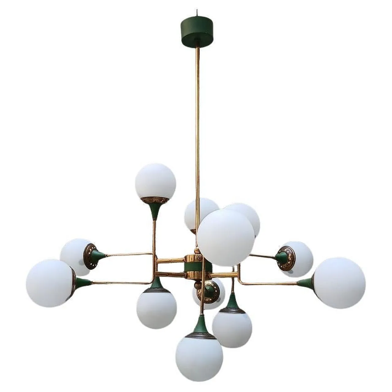 Stilnovo 12-Light Chandelier in brass and opaline glass, 1950s 1