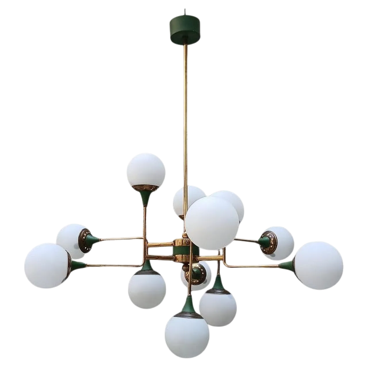 Stilnovo 12-Light Chandelier in brass and opaline glass, 1950s 11