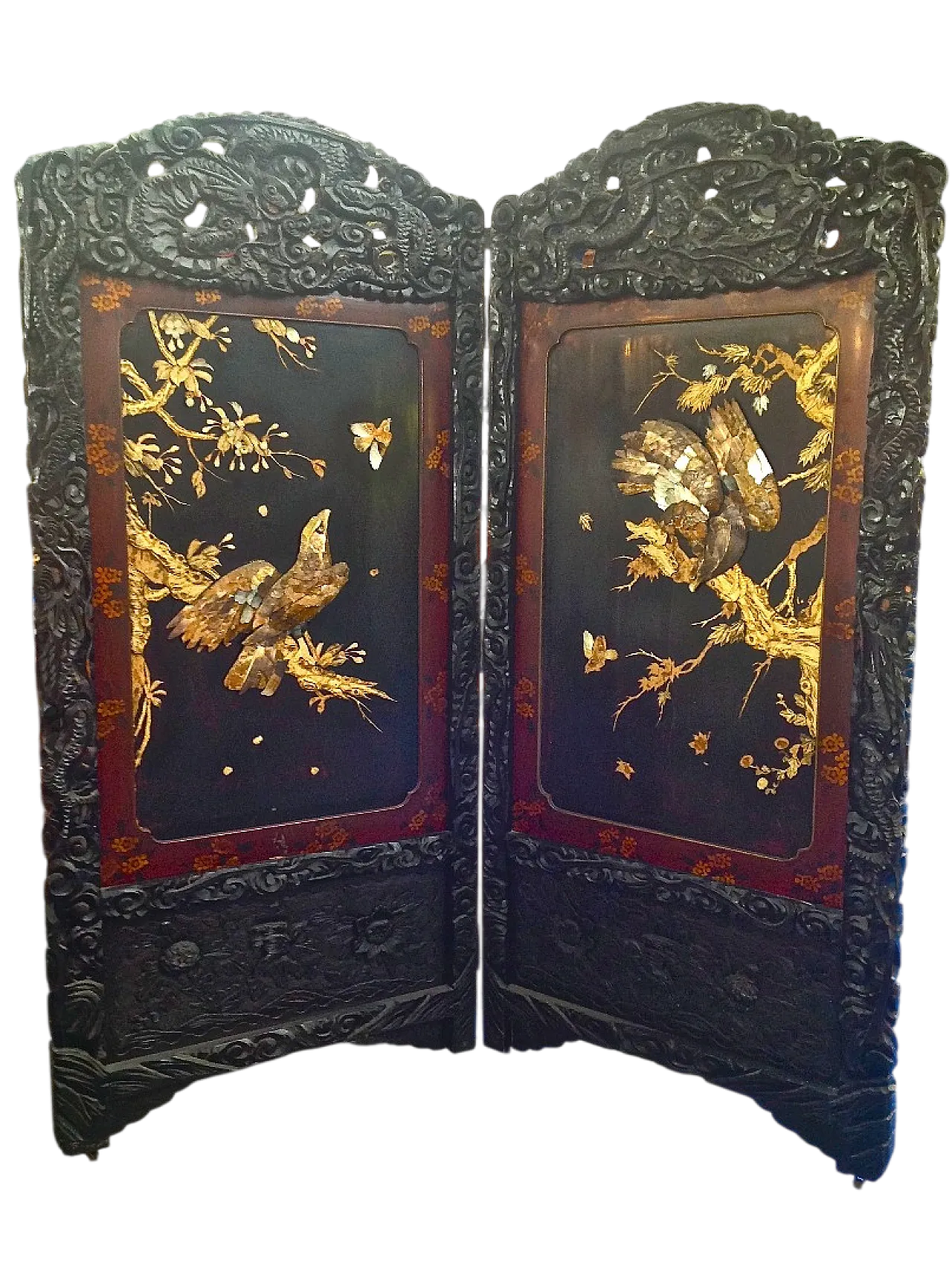 Paravento in legno laccato con ruote in ferro, fine '800 13